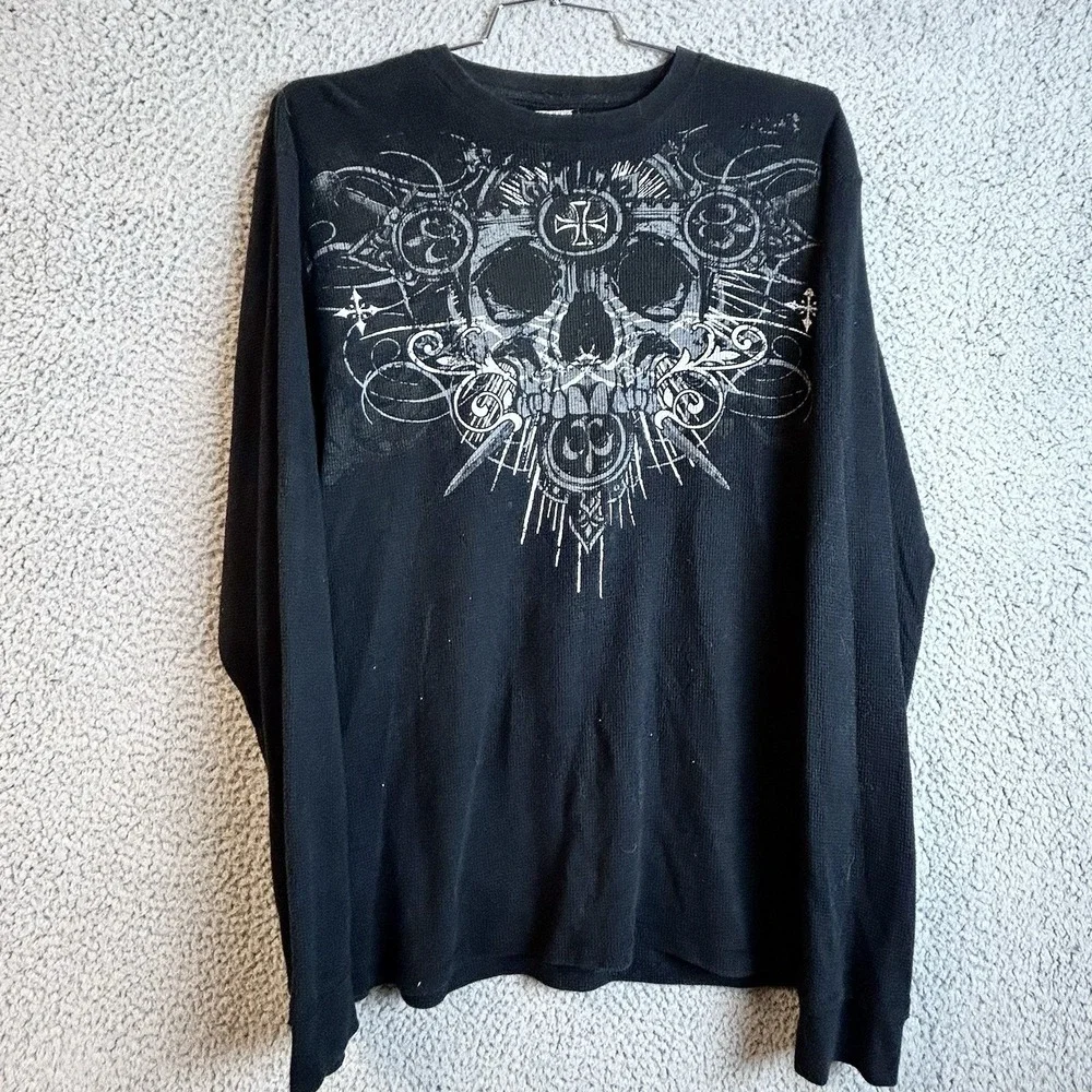 Vintage Y2K MMA Elite Skull Cross Thermal Waffle Knit T-Shirt Grunge Punk XL - Picture 2 of 5